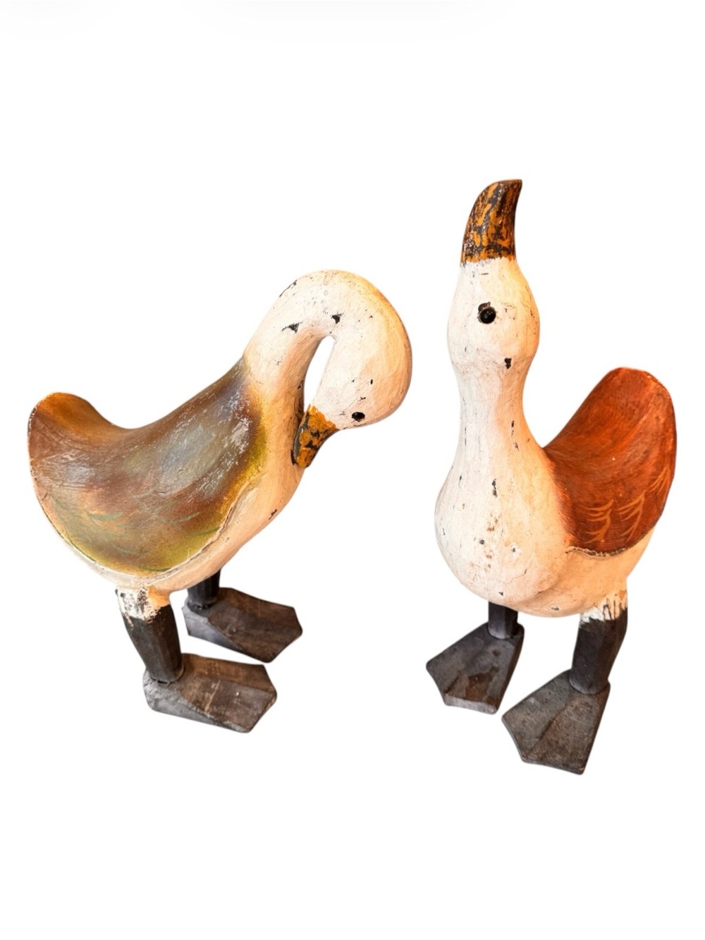 Set 2 Hand Carved Wooden Ducks Distressed Paint Red Green White Gray